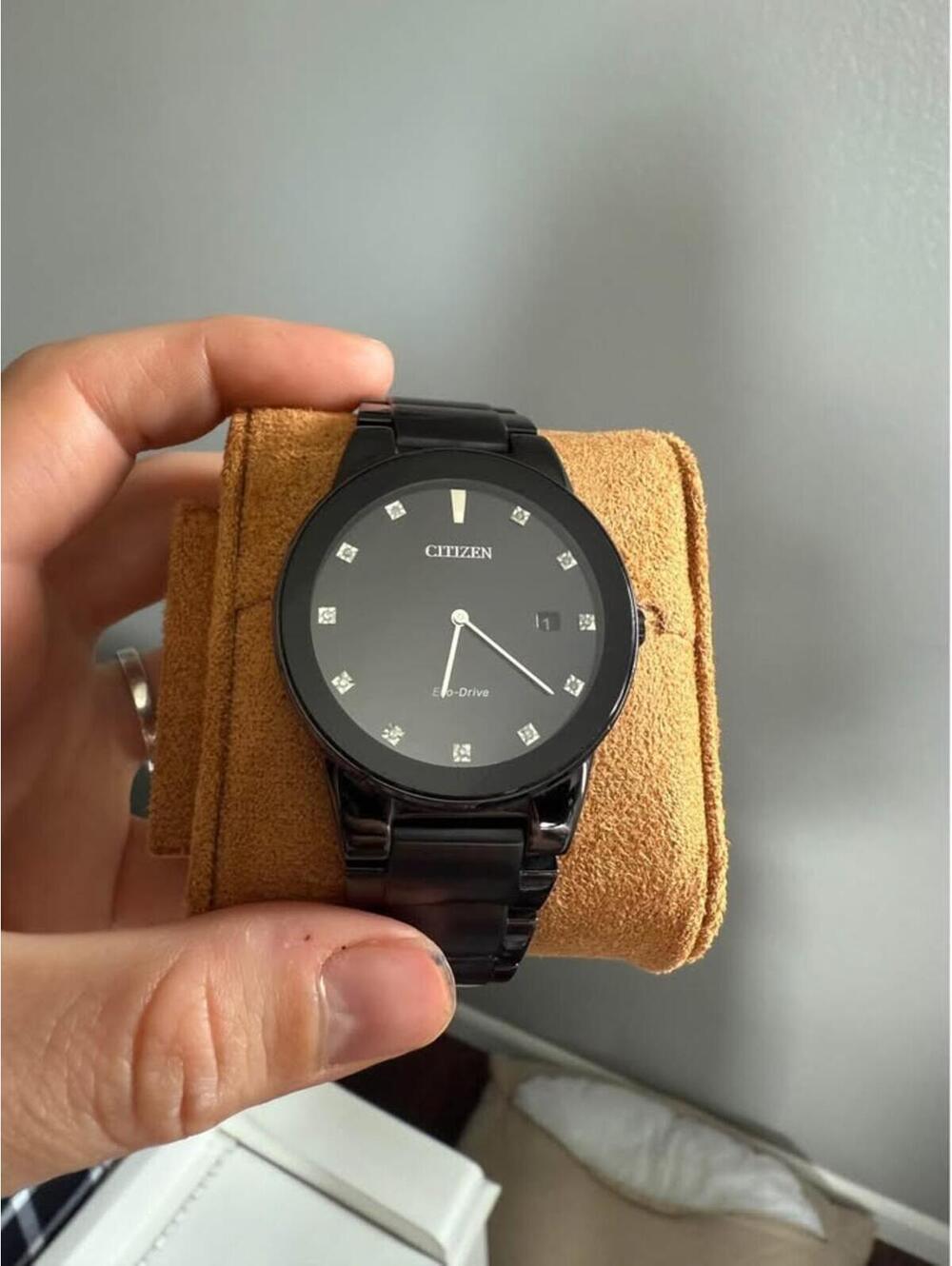 Citizen Eco-Drive Black Stainless Steel Watch with Diamond Accents